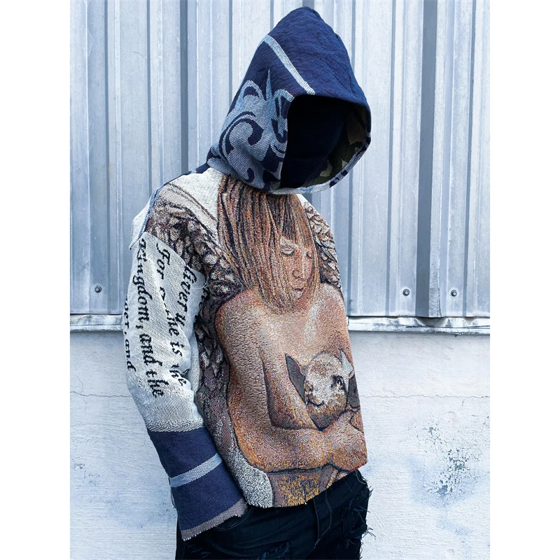 Casual Custom Men Cotton Anime Woven Knitting Pullover Sweatshirts Hoodies  Male 500 Gsm Vintage Streetwear Thick Tapestry Hoodie