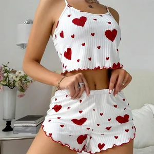 Women's Summer Casual Satin Pajamas Elastic Waist Knee-Length Strap Shorts Sweet Love Printed Design Knitted Spandex Material