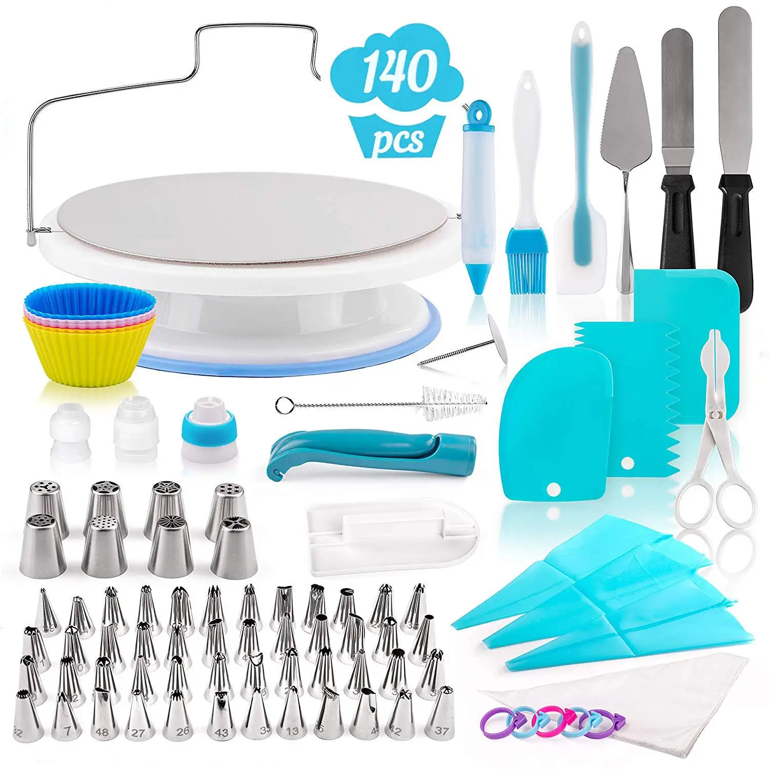 Amazon.com: Cake Decorating Supplies Kit for Beginners, Set of 138, Baking  Pastry Tools, 1 Turntable stand-55 Numbered Icing Tips with Pattern Chart,  Angled Spatula, 8 Russian Piping nozzles-Baking Tools : Home & Kitchen