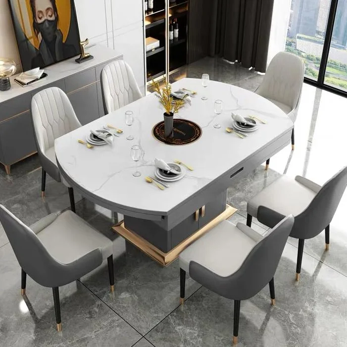 Customized Gold Luxury 8 Seater Modern Round Steel Dining Table Glass