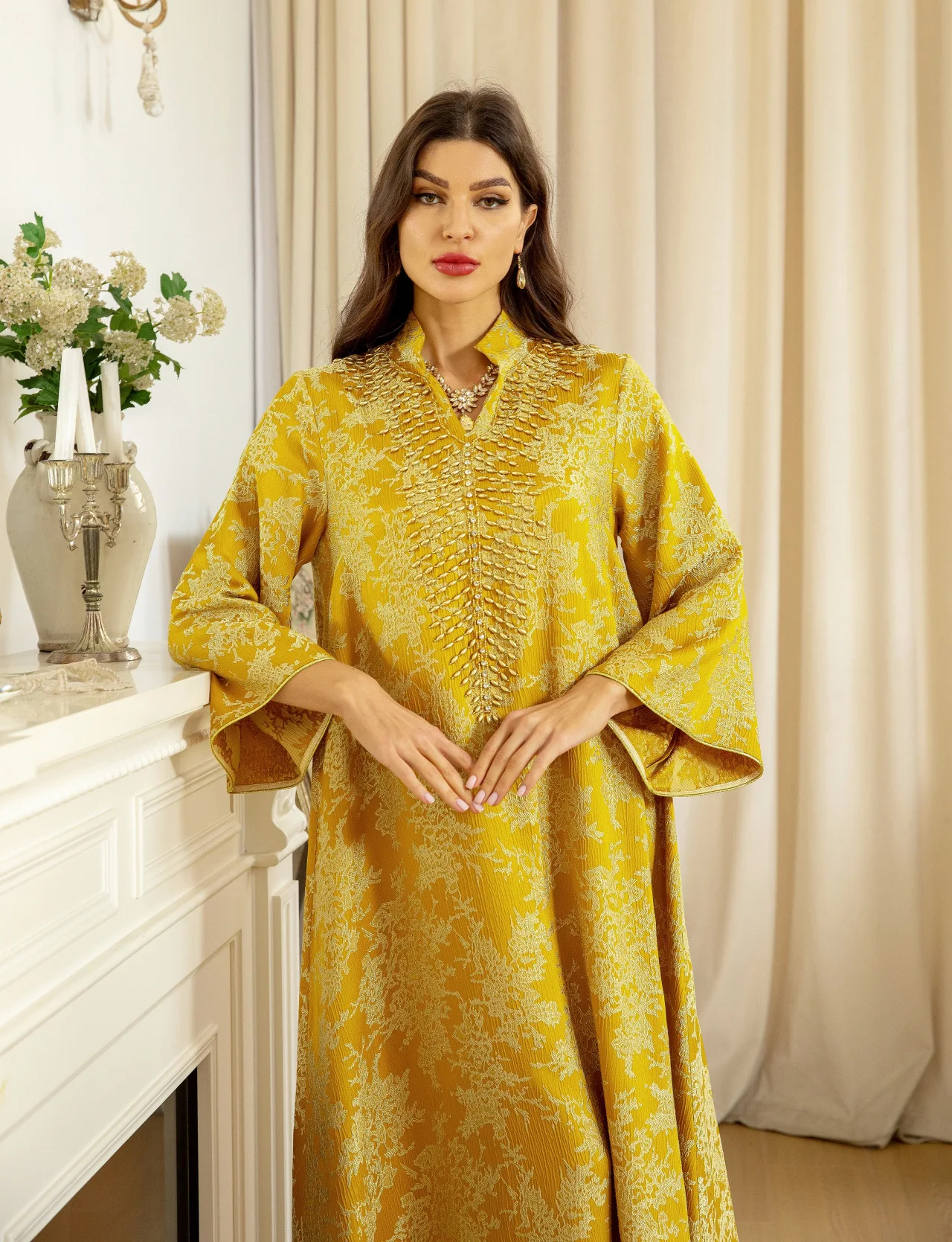 New Eid Muslim Dress for Women Beading Stand Collar Jalabiya Party Dress Arab Long Robe Morocco Kaftan Embroidery Luxury Thawb