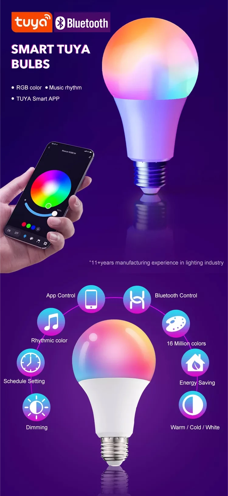 Fxpot Smart Led Light Alexa Google Home Wifi Connect Rgb Multicolor Led Bulb E27 B22 Tuya App