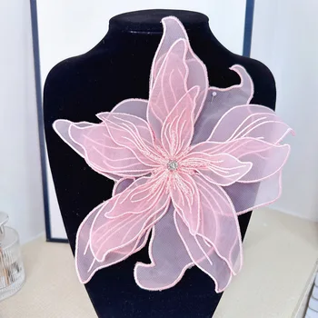 PE506 hot selling 3D embroidery flower brooch Organza 4 layers flower patch for dress