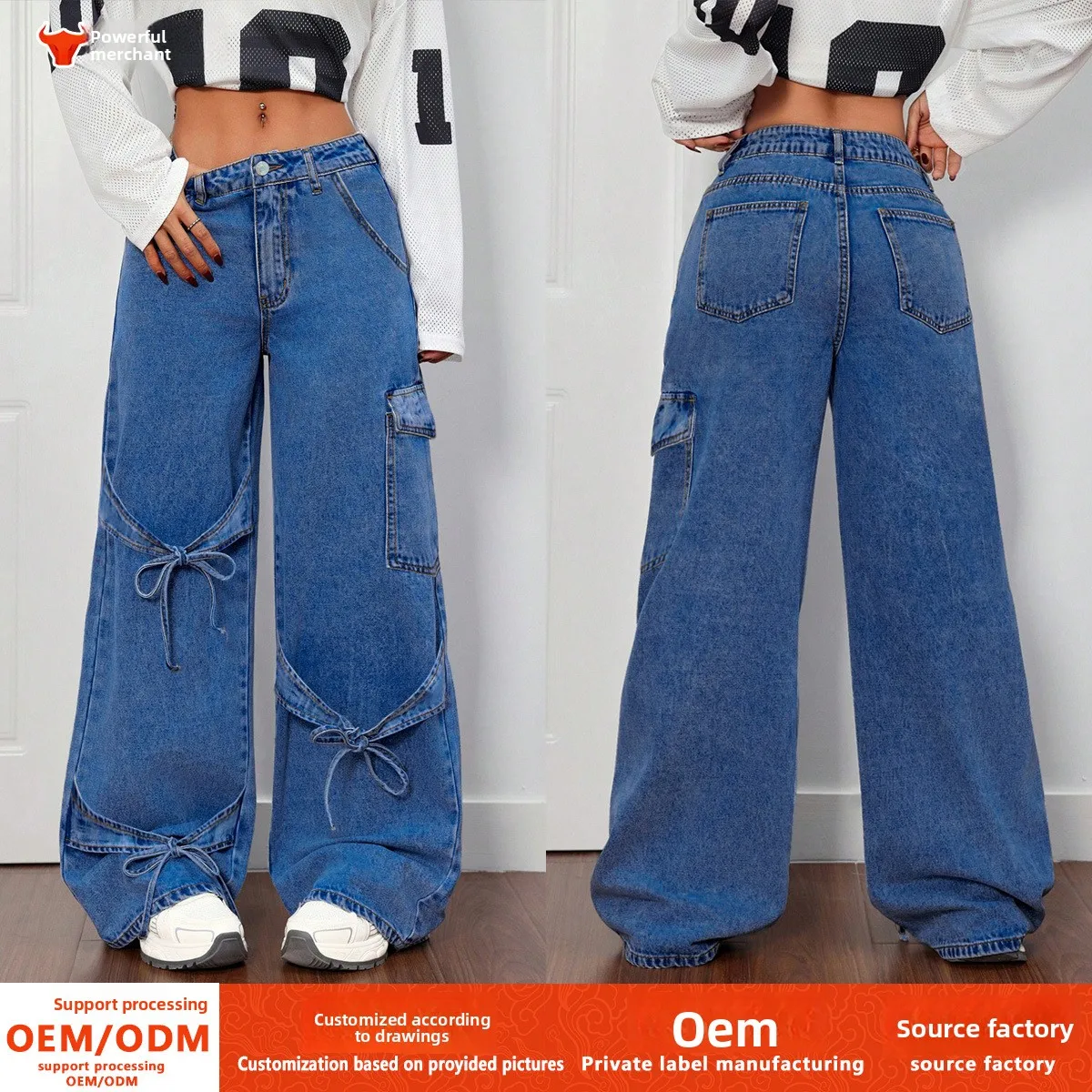 American Style Bow Tie Overalls Denim Jeans Women's Casual Summer Straight-leg Plus-size Women's Trousers