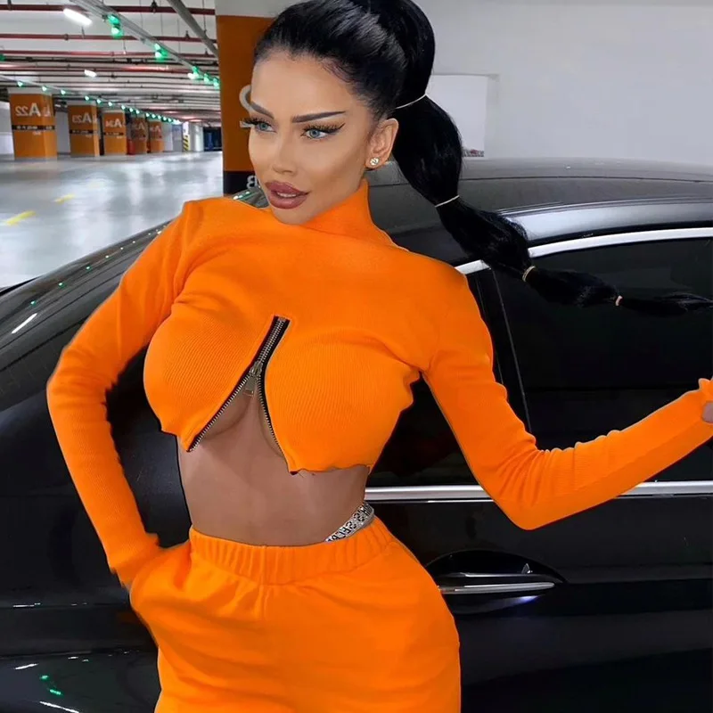 Women Puss Zip Rib Turtleneck Crop Top 
