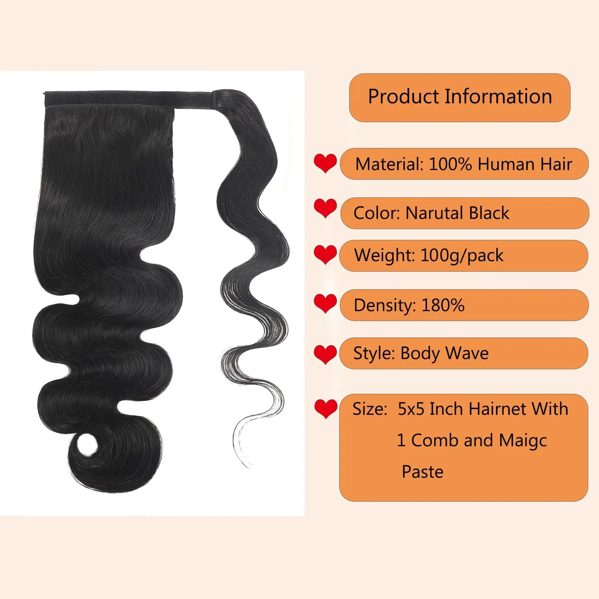 Kropsbølget ægte hår hestehale krøllet 100% ægte hår Remy naturlige sorte extensions 26 tommer_voghion.com