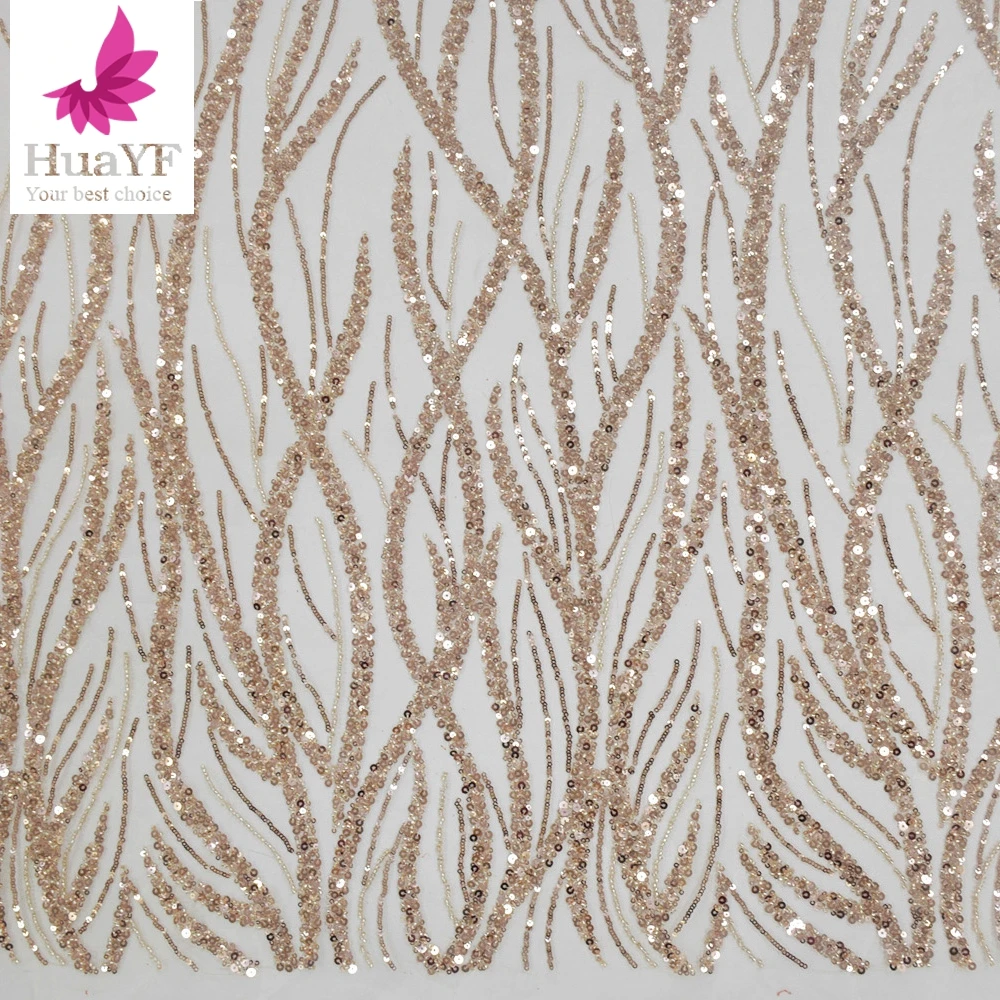 Hot Sale French Rose Gold 3d Beaded Sequins Lace Fabric Shining Wedding  Bridal Lace Dress Fabric 5 Yards HY1502