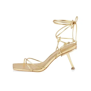 New Arrival Factory Outlet Women Gold Strappy Lace up Sandals Square Toe Stiletto Heel Luxury Summer Comfort OEM ODM Wholesale