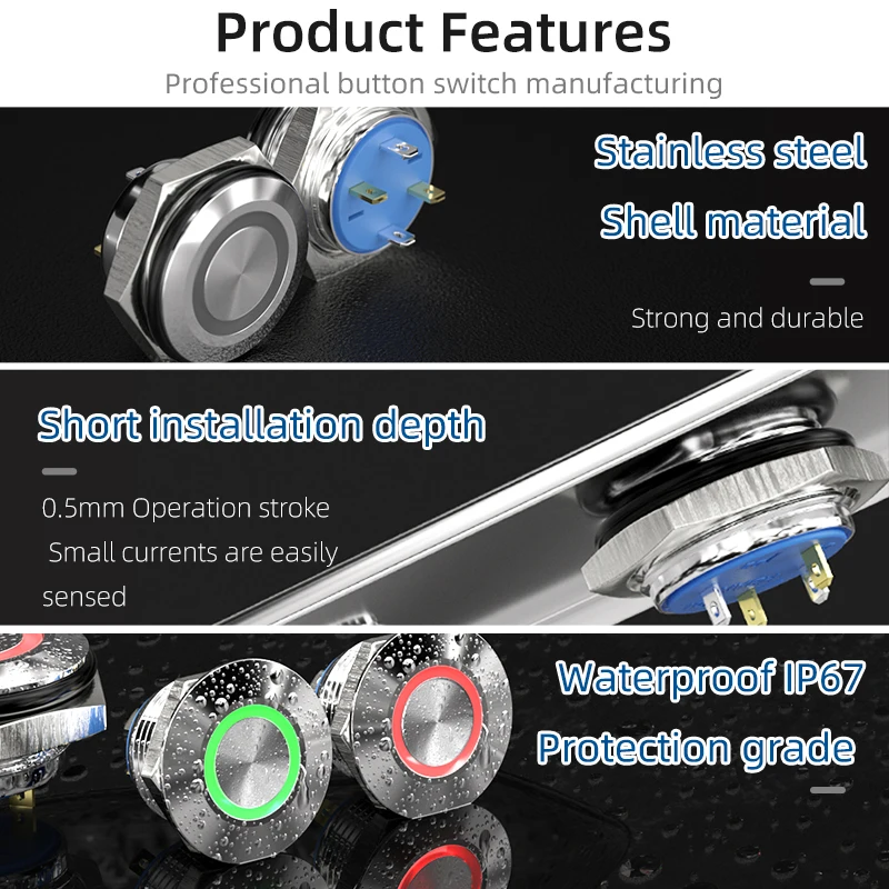 Bouton-Poussoir Étanche - 6 pièces, Inoxydable 12mm Rond avec Fil - Voiture PC Lampe - Argent Étiquette - Bricolage