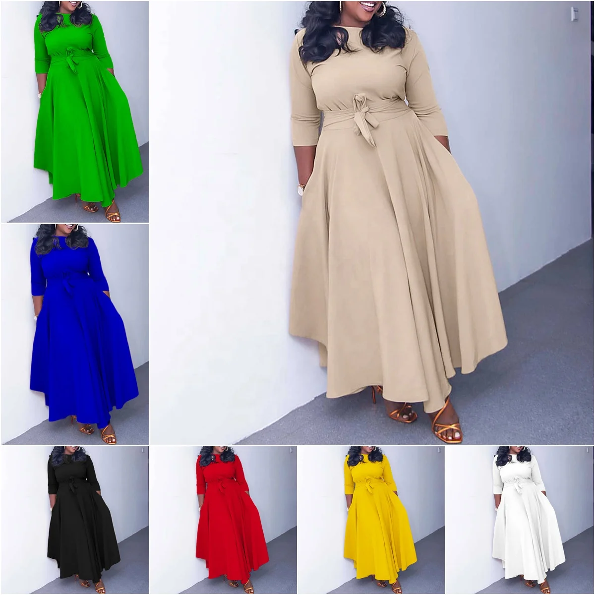 C8617 High Quality Autumn Winter Plus Size Dresses Women Casual 3 Quarter Sleeve O-neck Elegant African Church Dress for Women