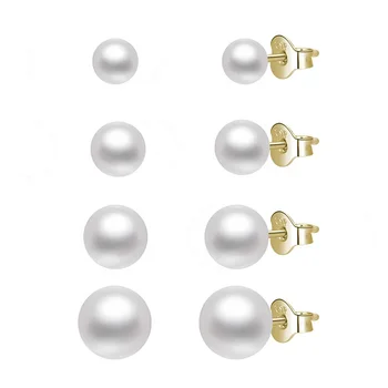 POLIVA 18K Gold Plated 925 Sterling Silver Earring Stud Round White Freshwater Cultured Pearl Earrings