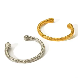 18K Gold Plated Waterproof Stainless Steel Women's Bracelet High-End Fashion Chunky Opening Bangle Lava Hammered Cuff Bracelets