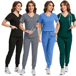Cheap Wholesale Women's Knitted Spandex Short Sleeve Breathable Scrubs Uniform Hand Washing Clothes Nurse Pet Hospital Scrubs