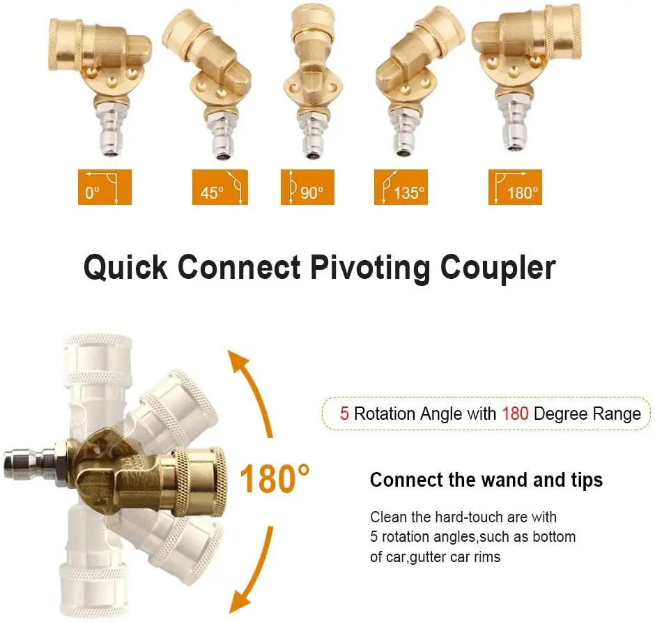 Quick Connecting Pivoting Coupler 180 Degree with 5 Angles for Pressure Washer Spray Nozzle Cleaning Hard to Reach Area 4500 PSI