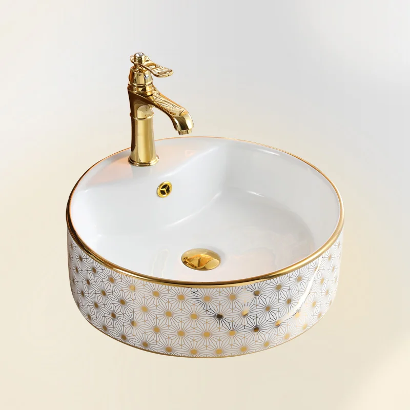 New Decorative Pattern Round Sinks Bowl Porcelain Electroplated Table Top Bathroom Sink Gold Wash Basin