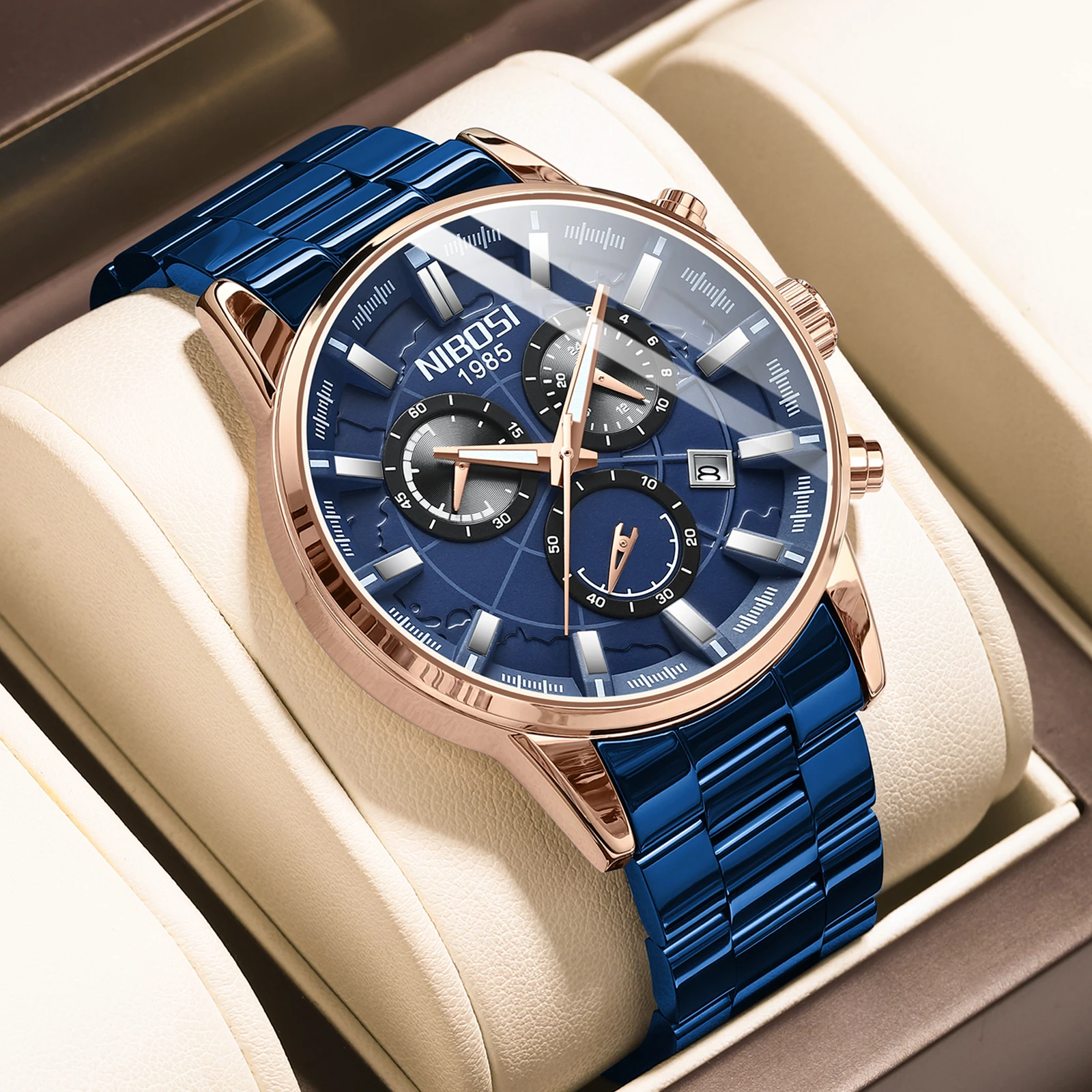 NIBOSI 2590 Mens Watches Top Brand Blue Steel Quartz 2023 Chronograph Men  Watch