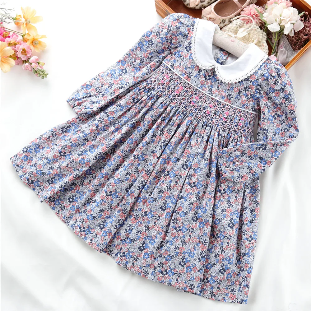 Fall Winter Long Sleeve Flower Baby Girls Smocked Dresses Party