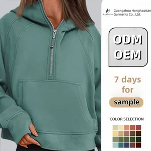 ODM Custom Autumn/Winter Yoga Wear Women's Sports Half Zipper Hooded Knitted Polyester/Cotton Loose Short Sweatshirt Sweater