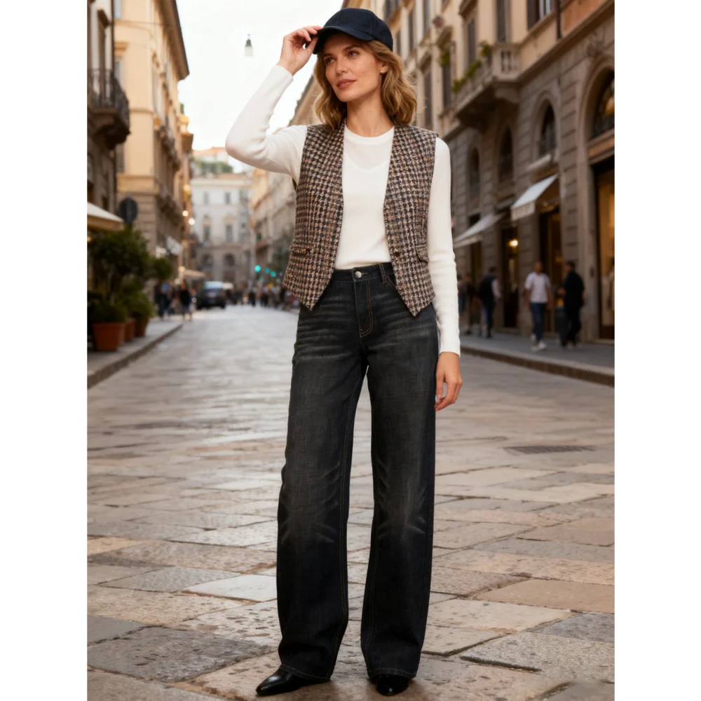 Dark Wash Wide Leg Jeans High Waist Loose Denim Pants Trendy Casual Trousers for Ladies with Vintage Style