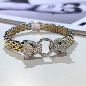 GEMLOVE Luxury two Leopard Head Bracelet, Lab-Grown 1.957ct Round Diamond, 18K Two-Tone Gold Sparkling Party Jewellery