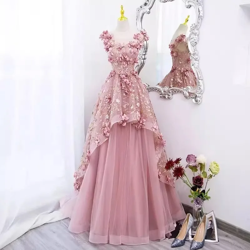 pink long dress for wedding Pink Long Sleeve Wedding Dresses Illusion Neck A Line Beaded Bridal Wedding Gown