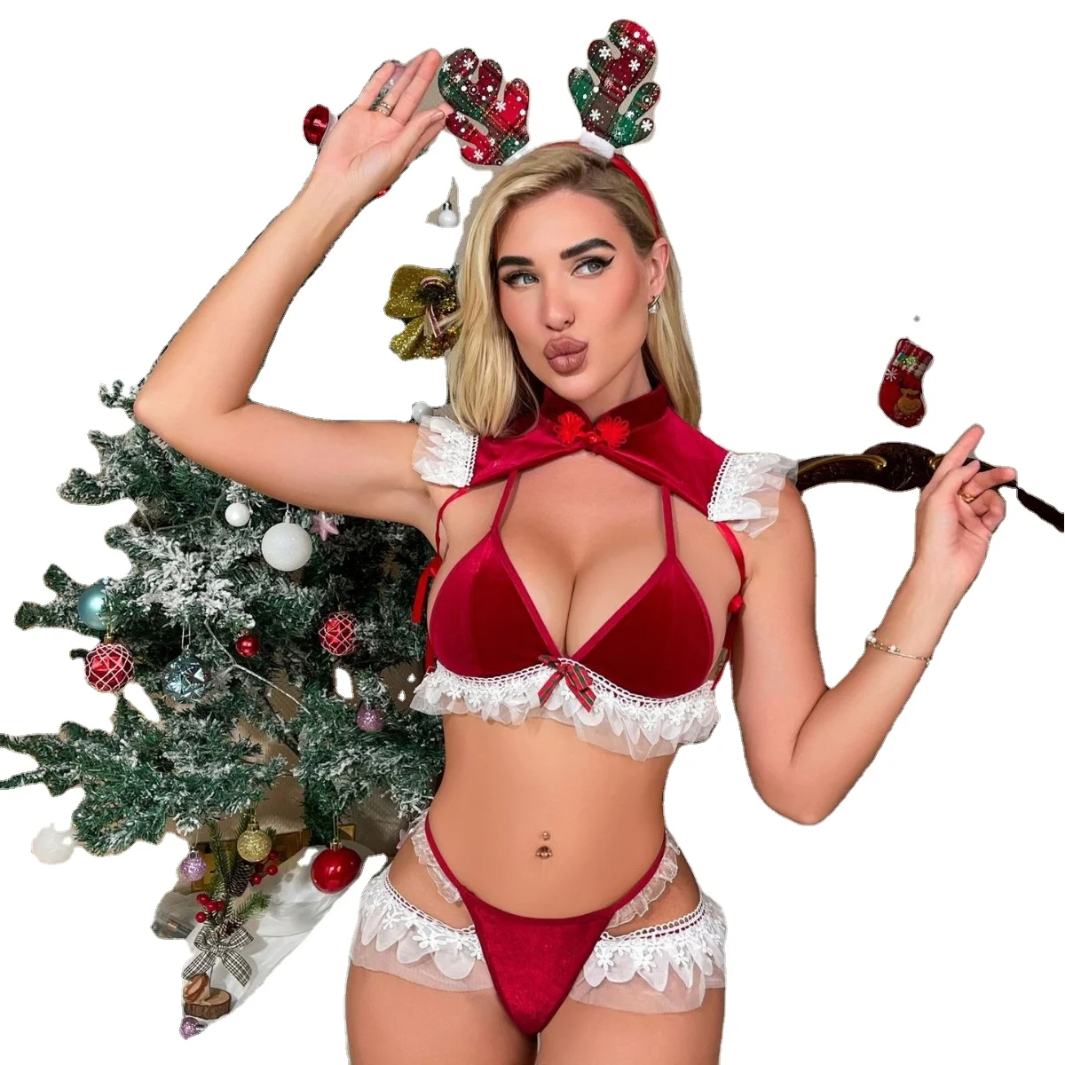 Christmas Theme Sexy Underwear Bra Top Sexy Lingerie 3 Pieces Set Women Sexy Lingerie Underwear%