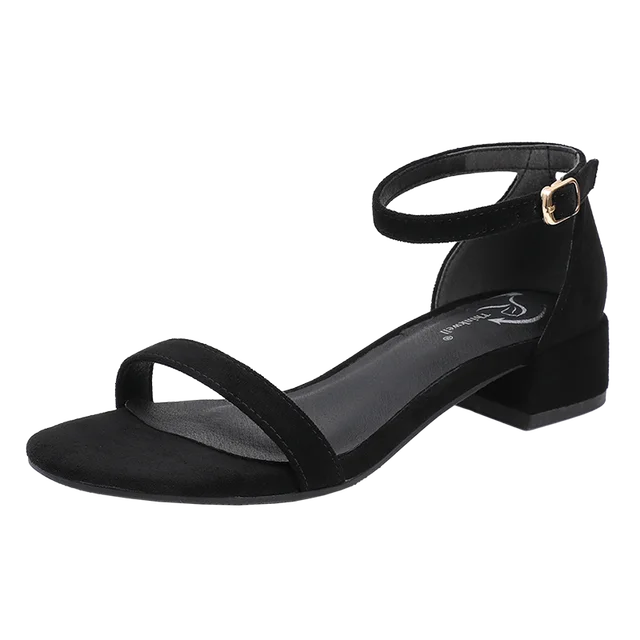 Ankle strap fashion trend modern thick low middle high heel rubber sole black sandals for women and ladies 2022 summer