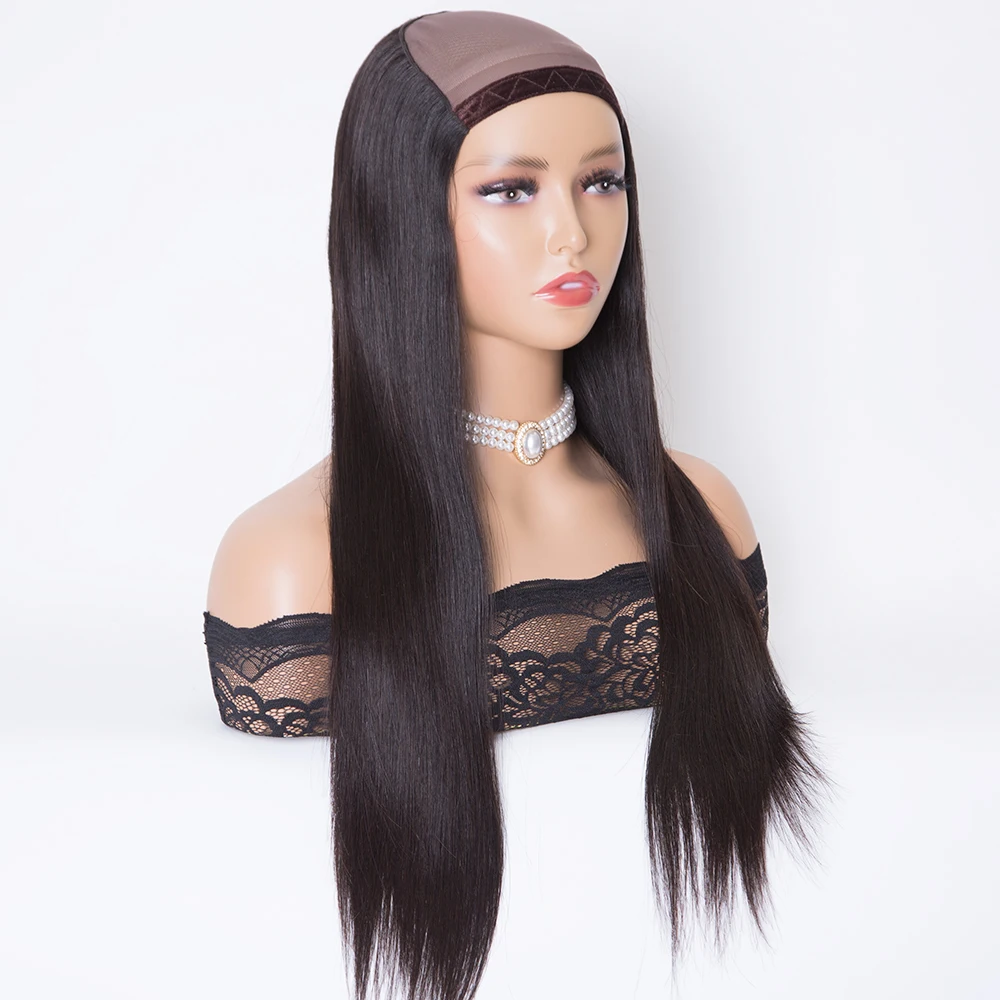 18 inch natural black color machine weft U-part Hat wig