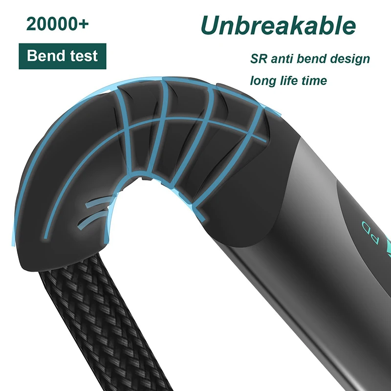 PD 100W 66W Nylon Braided USB-Type C LED Display Charger Data Cable 5A Fast Charging PVC Jacket USB C Phone Fast Charging Cable