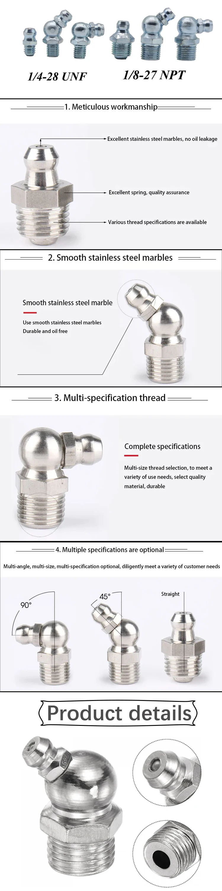 Hydraulic Excavator Grease Fitting Straight,90degree,45degree,1/8"28 Grease Zerk Fitting