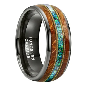 Coolstyle Jewelry 8mm Whisky Wood Guitar String Green Opal Inlay Gunmetal Tungsten Ring for Men Women Engagement Wedding Band