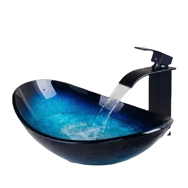 blue black boat bathroom glass wash basin for sale