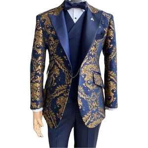 Jacquard Floral Tuxedo Suit for Men Navy Blue Slim Fit Wedding Gentleman Jacket Pant Single Breasted Plus Size 2 Piece Male