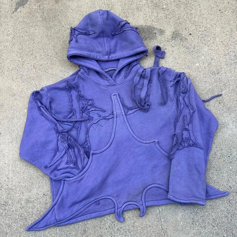 Salati Latest Design Heavyweight 500GSM Cut and Sew Embroidery Distressed Patch Hip Hop Stone Acid Washed Hoodie Manufacturer gallery 2