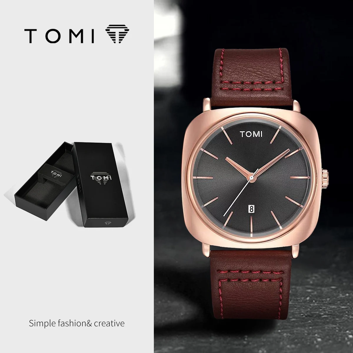 TOMI Business Quartz Watch, 42mm Alloy Case, Leather Band, Day
