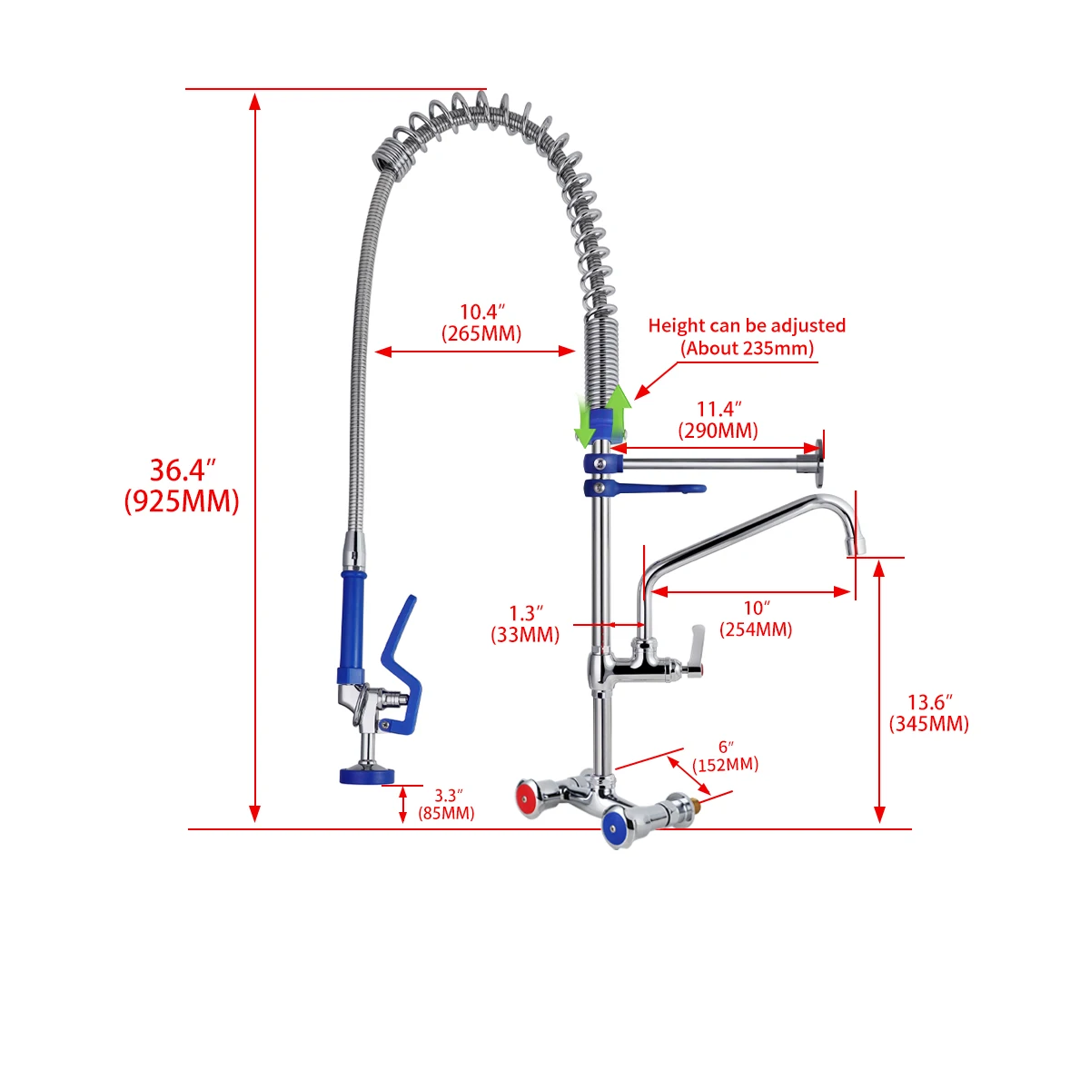 Commercial Kitchen Dual Handle Wall Mounted Spring Action Faucet EasyInstall Ceramic Valve Core Adjustable Height Pre-Rinse Unit manufacture