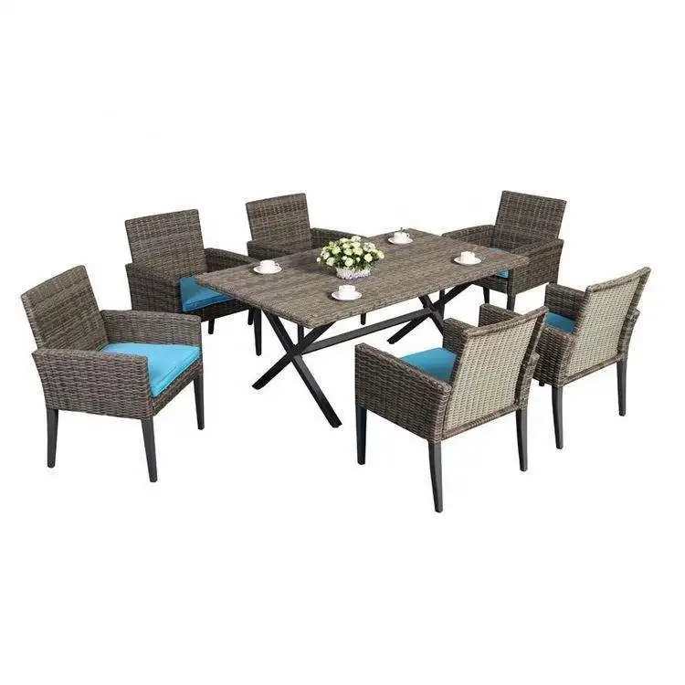 Outdoor Metal Dining Table and Chair Set Poly Rattan  Weave Garden Dining Set