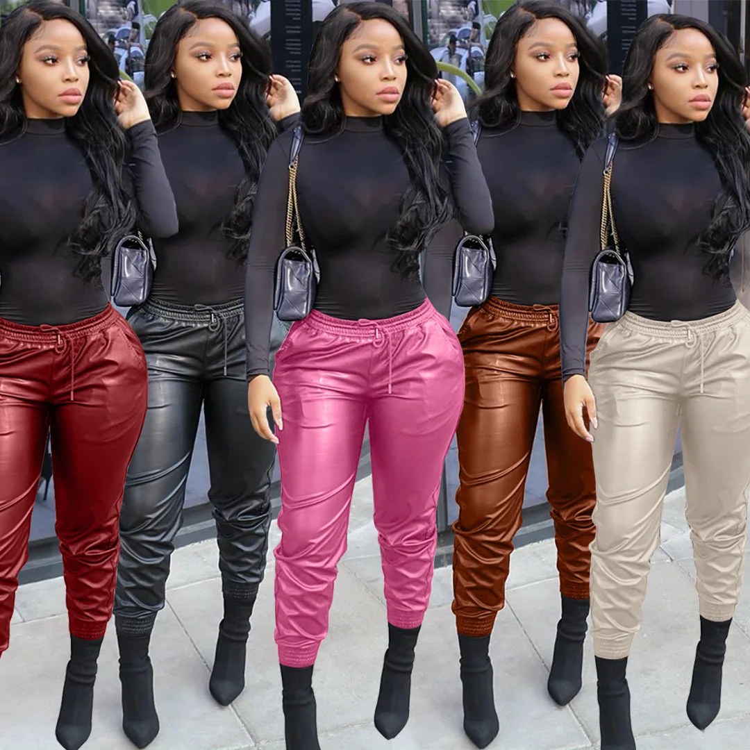Fashion Solid Color Leather Pants For 