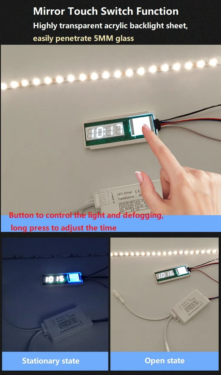 Free Sample Dc12V 60W 5A Single Bond Light Sensor Bathroom Smart Mirror Touch Switch With Temperature  Time details