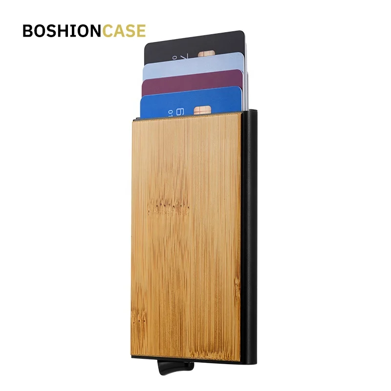 Boson 2020 Custom Mens Small Slim Credit Card Holder Metal Wooden Bamboo Grain Wallet Business Name Card namecar Case Holder