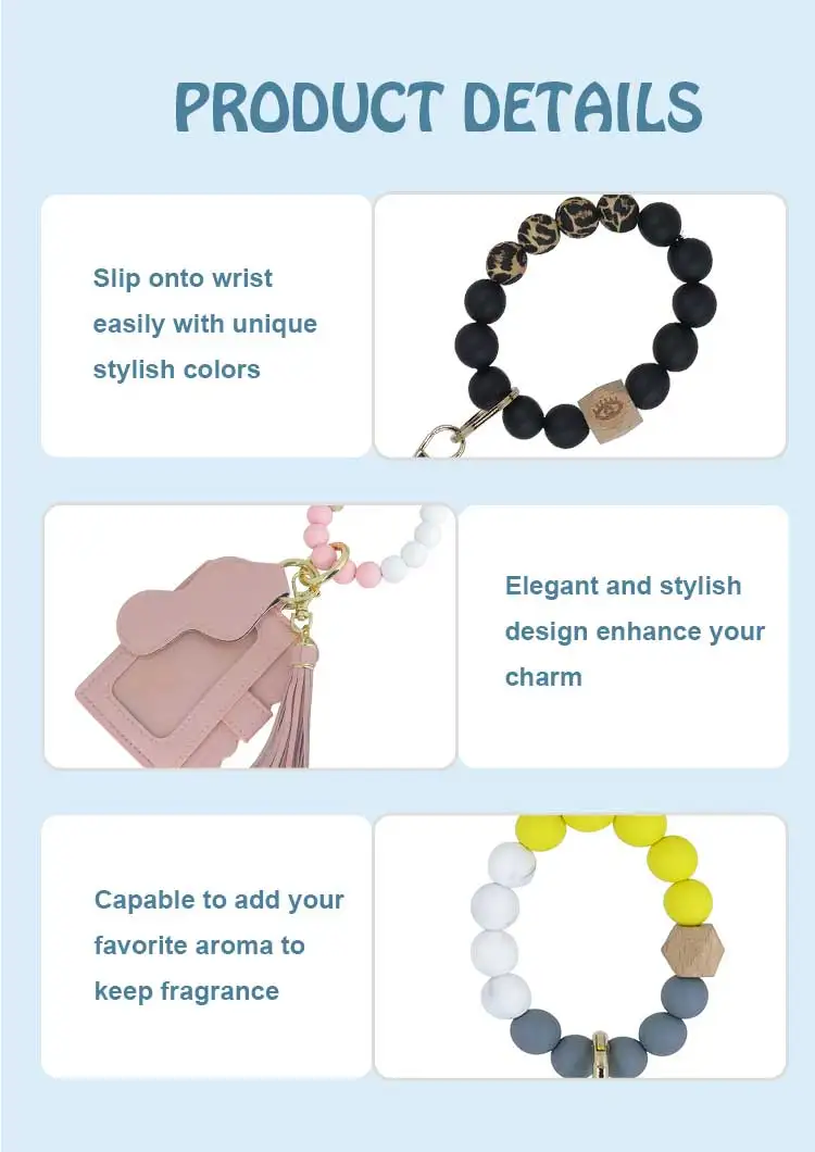 Custom Metal Rubber Key Rings Wristlet Keychain Set Silicone Beaded