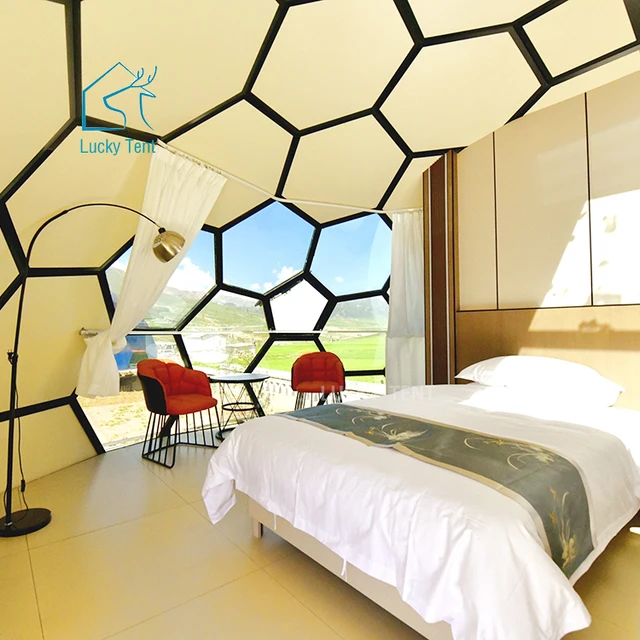 5m 6m Prefab Hexagon Glass Dome House Luxury Honeycomb Dome Tent for Glamping Hotel