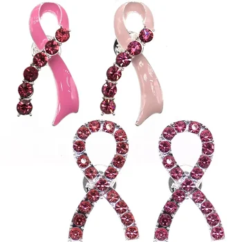Fashion Jewelry Brooches Pink Rhinestone Ribbon Brooch Medical Breast Cancer Awareness Pin for Women