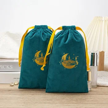 High Sales Custom Logo Print Green Velvet Drawstring Bag Reusable Packaging Gift Custom Size Velvet Bags