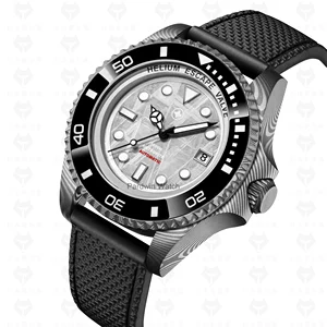 OEM Design Damascus Steel  Watch Dive Watch case with Sapphire Insert  Luminous Markers Helium Escape Deep Diving Watch