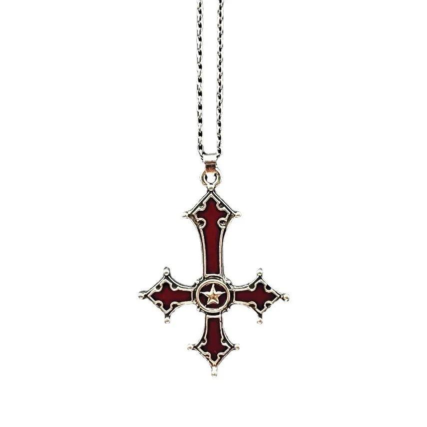Punk Blood Red Gothic Inverted Cross Pendant Necklace
