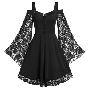 Lace Long Sleeve Patchwork Slim Empire Waist Dresses Casual Gothic Sexy Cascading Ruffle Bow Knee-Length Skirt