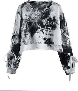 Women's Casual Lace up Long Sleeve Terry Fabric Polyester/Cotton Breathable Crop Top Sweatshirt