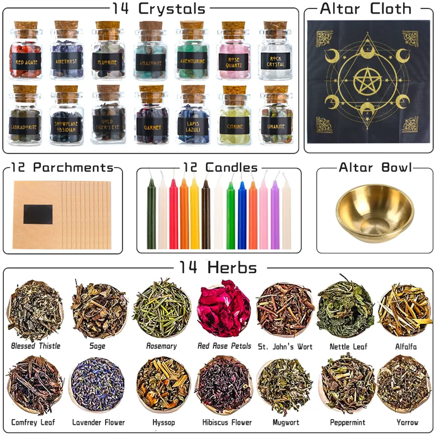 Customized Witchcraft Supplies Kit For Witch Spells Healing Crystals Jars Dried Herbs And 2521