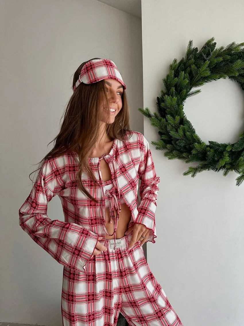 Breathable Plaid Women Pajama Set Long Sleeve Full Length Knitted Polyester Christmas Sleepwear — detail